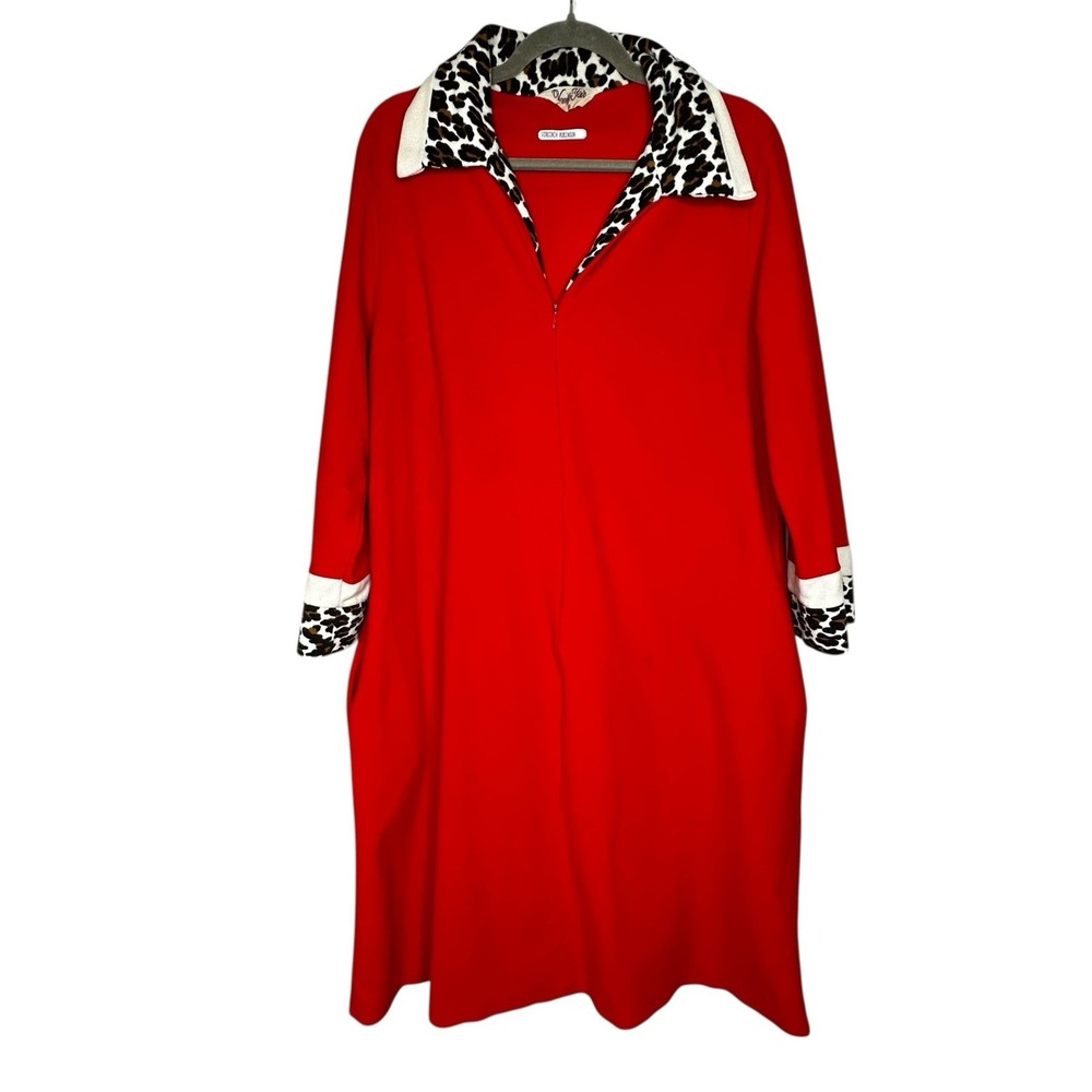 Vanity Fair Red Leopard Trim House Coat Dress Sleepwear Size 18